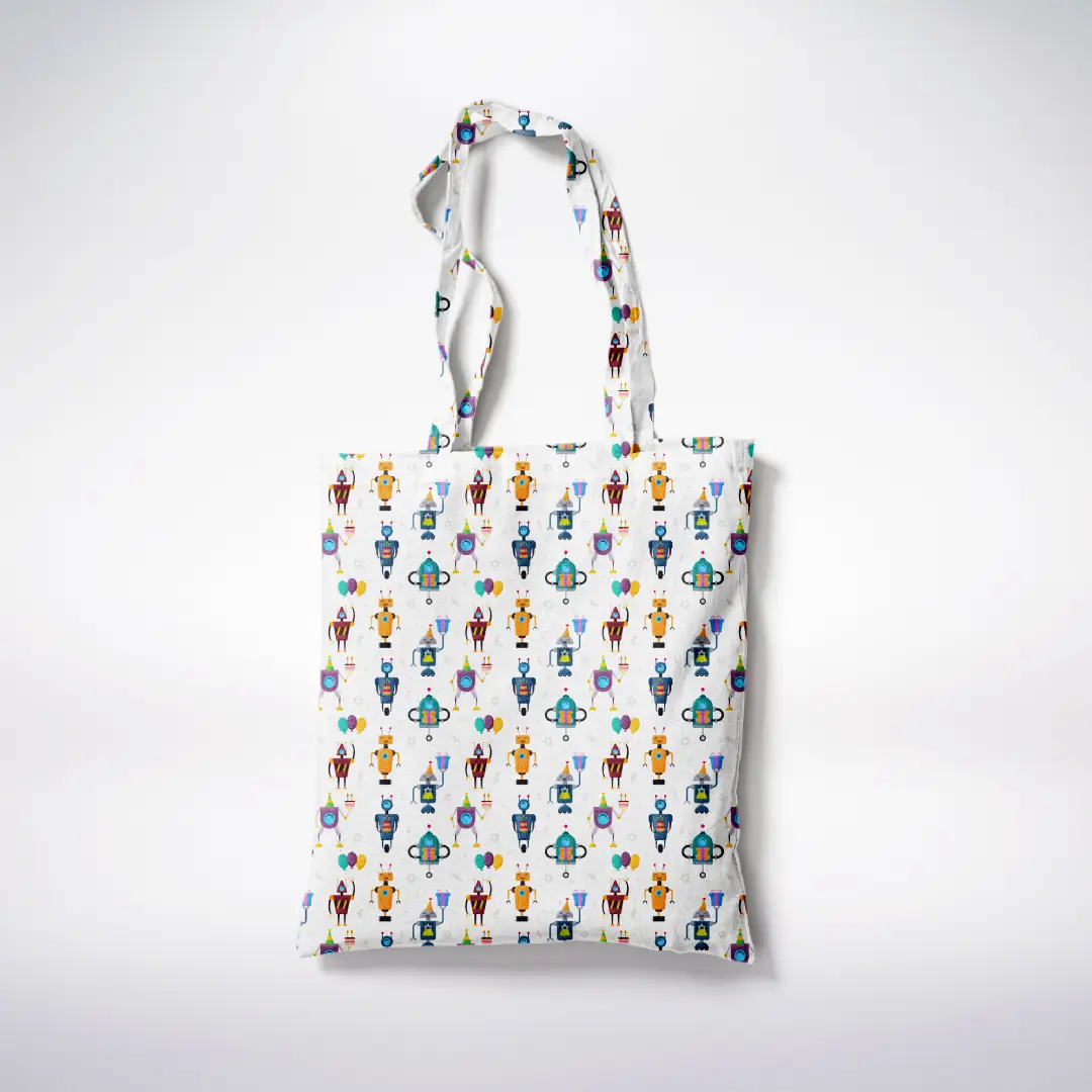 Robots Birthday Printed White Canvas Fabric Tote Bag - Image 3