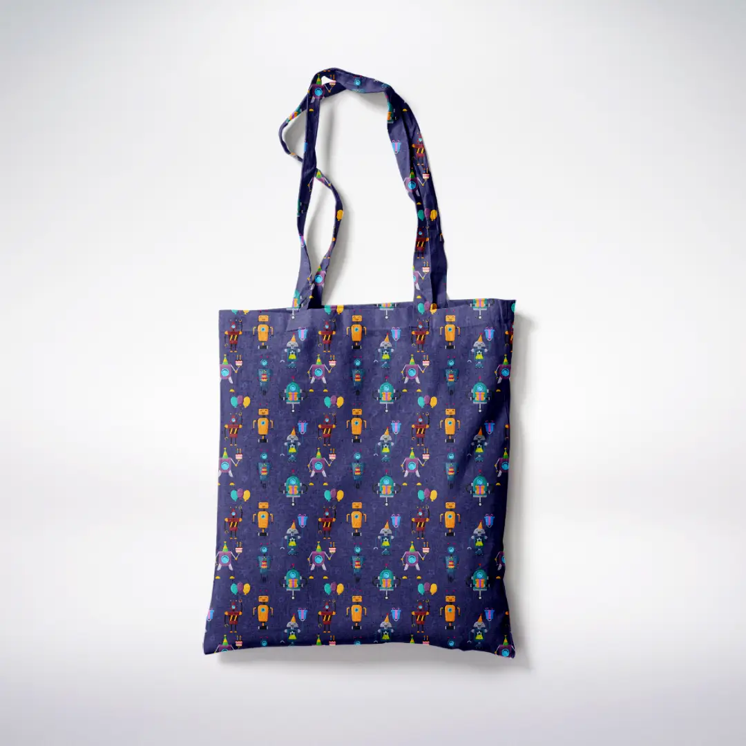 Robots Birthday Printed Indigo Canvas Fabric Tote Bag - Image 3