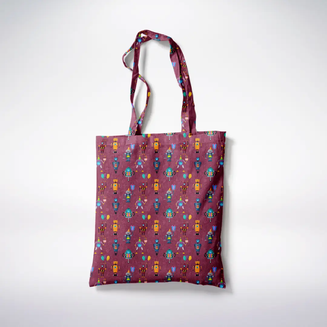 Robots Birthday Printed Brown Canvas Fabric Tote Bag - Image 3