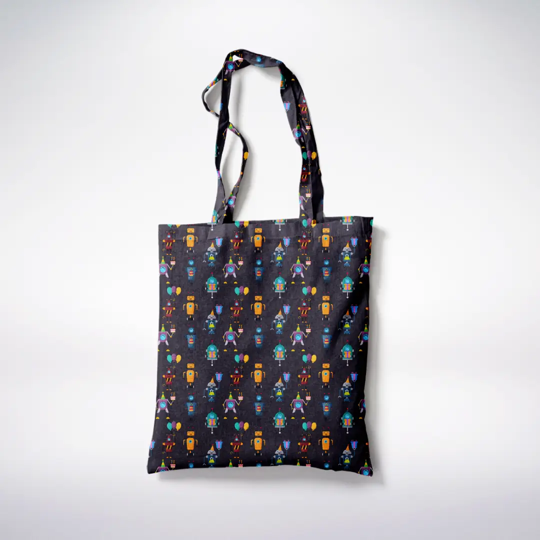 Robots Birthday Printed Black Canvas Fabric Tote Bag - Image 3