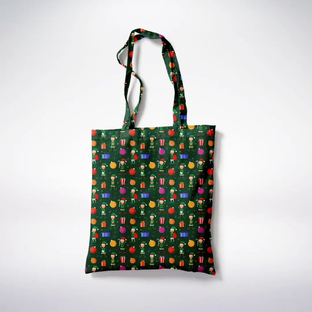 Santa Kid Printed Green Color Canvas Fabric Tote Bag - Image 3