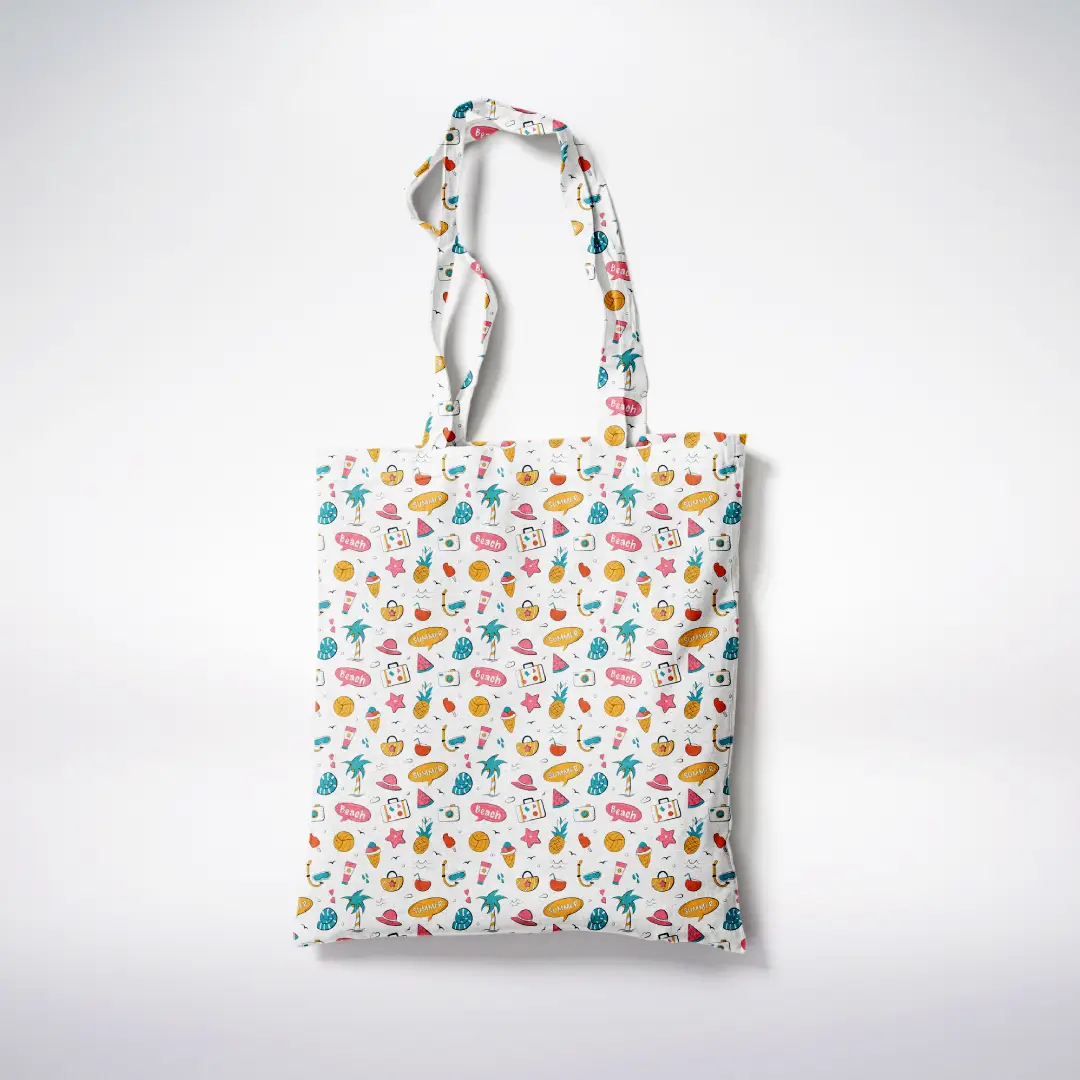 Summer Beach Printed White Canvas Fabric Tote Bag - Image 3