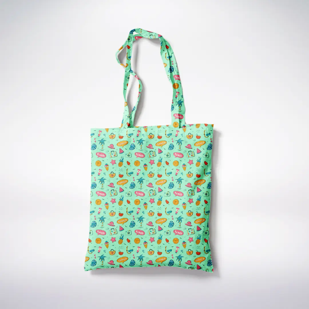 Summer Beach Printed Mint Color Canvas Fabric Tote Bag - Image 3