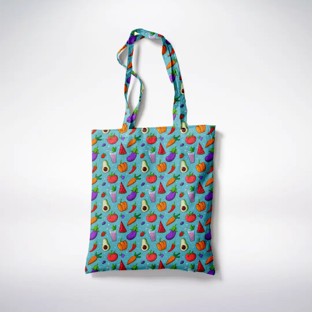 Healthy Foods Printed Teal Color Canvas Fabric Tote Bag - Image 3