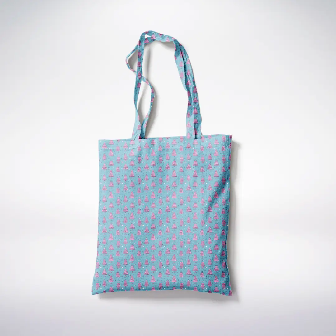 Pink Cakes Printed Sky Blue Canvas Fabric Tote Bag - Image 3