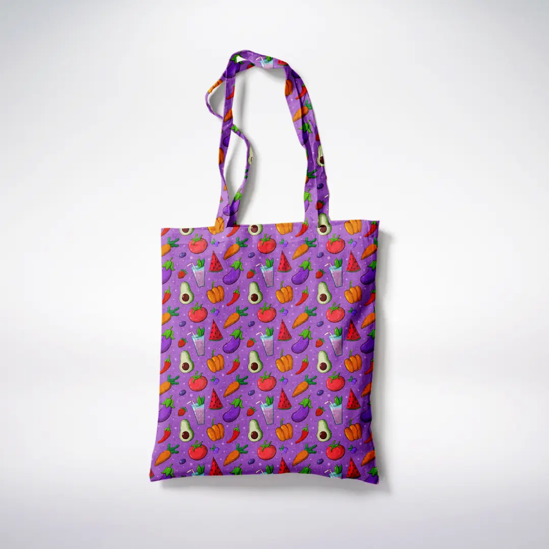 Healthy Foods Printed Purple Color Canvas Fabric Tote Bag - Image 3