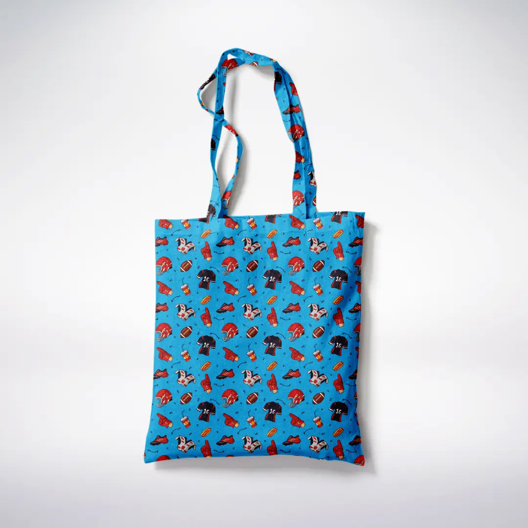 Football Sports Printed Blue Canvas Fabric Tote Bag - Image 3