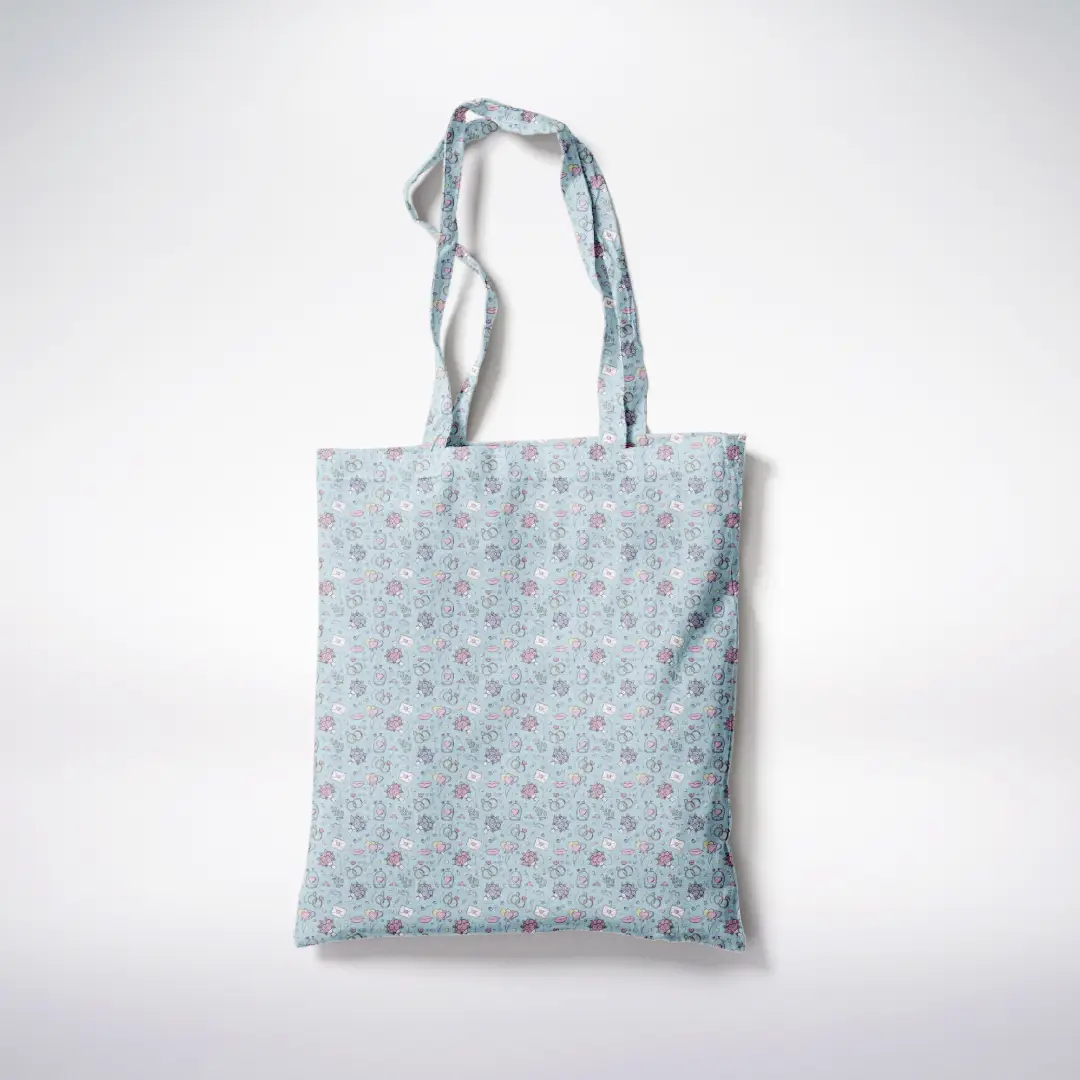 Love Birds Printed Aqua Color Canvas Fabric Tote Bag - Image 3