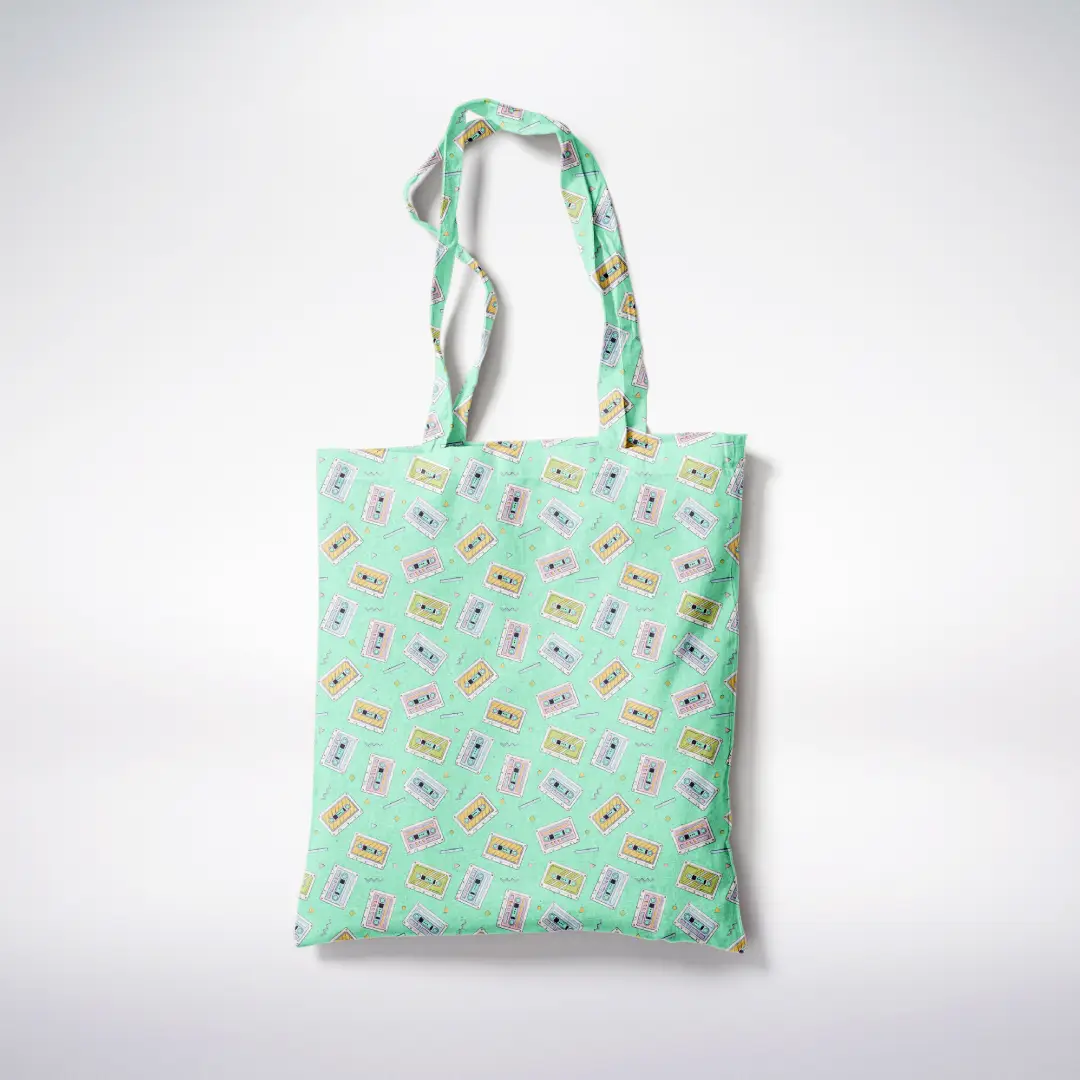 Audio Tapes Printed Mint Color Canvas Fabric Tote Bag - Image 3