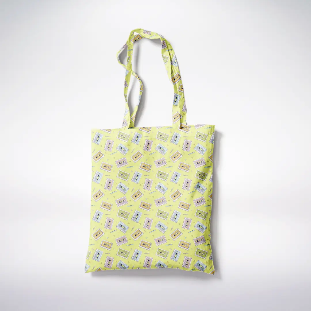 Audio Tapes Printed Yellow Color Canvas Fabric Tote Bag - Image 3