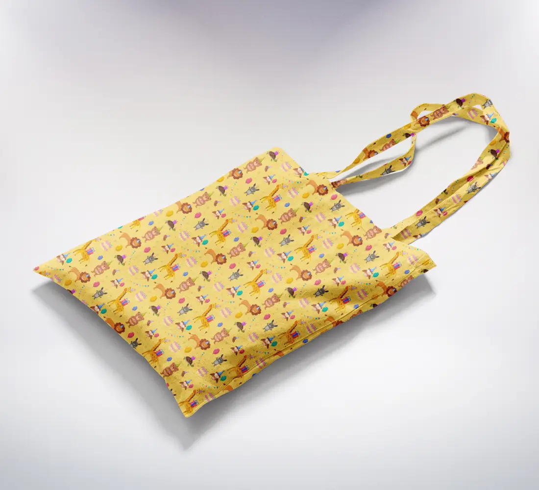 Animal Birthday Party Printed Yellow Canvas Fabric Tote Bag - Image 2