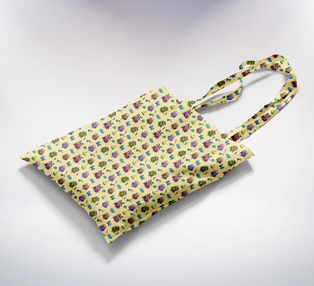 Spooky Owl Beige Yellow Color Canvas Fabric Tote Bag - Image 2