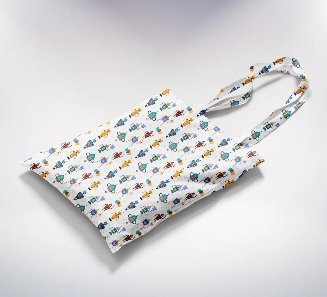 Robots Birthday Printed White Canvas Fabric Tote Bag - Image 2