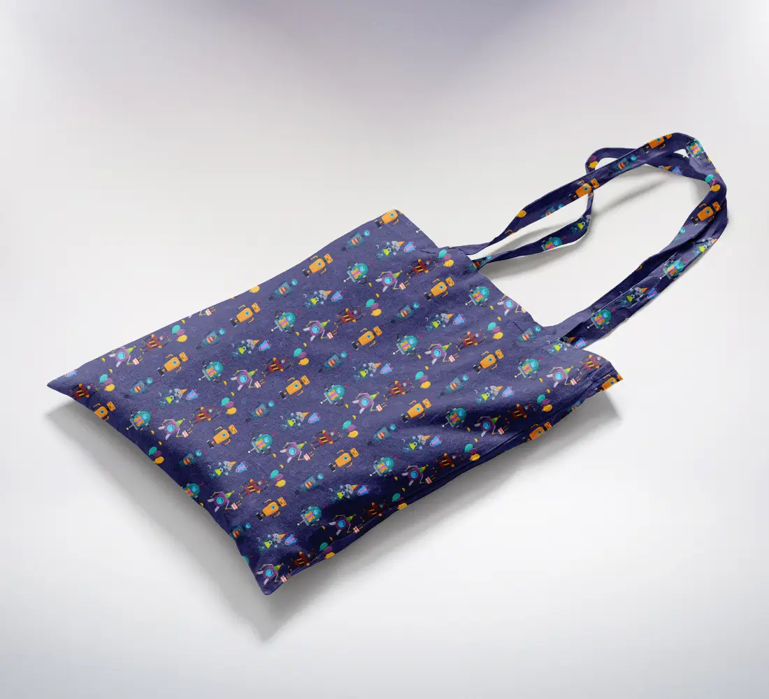 Robots Birthday Printed Indigo Canvas Fabric Tote Bag - Image 2
