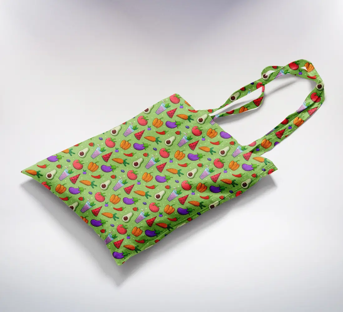 Healthy Foods Printed Green Color Canvas Fabric Tote Bag - Image 2