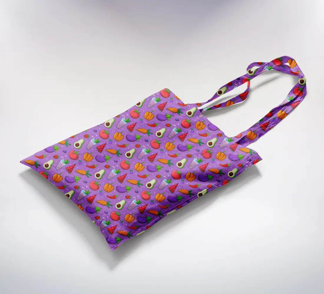 Healthy Foods Printed Purple Color Canvas Fabric Tote Bag - Image 2