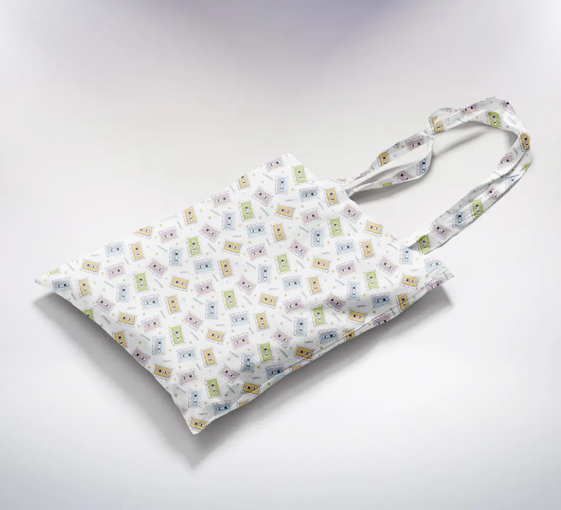 Audio Tapes Printed White Color Canvas Fabric Tote Bag - Image 2