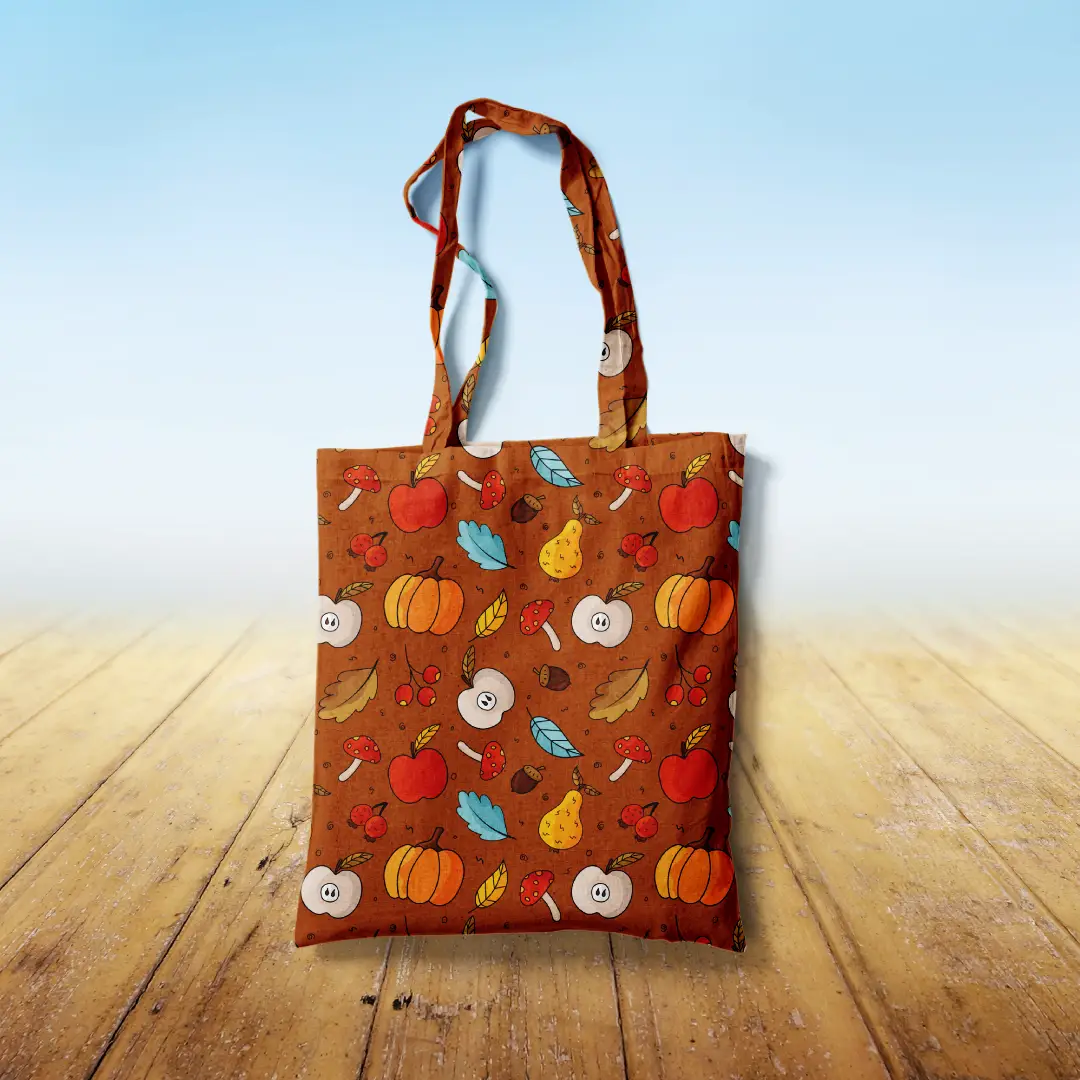 Autumn Fruits Printed Brown Canvas Fabric Tote Bag