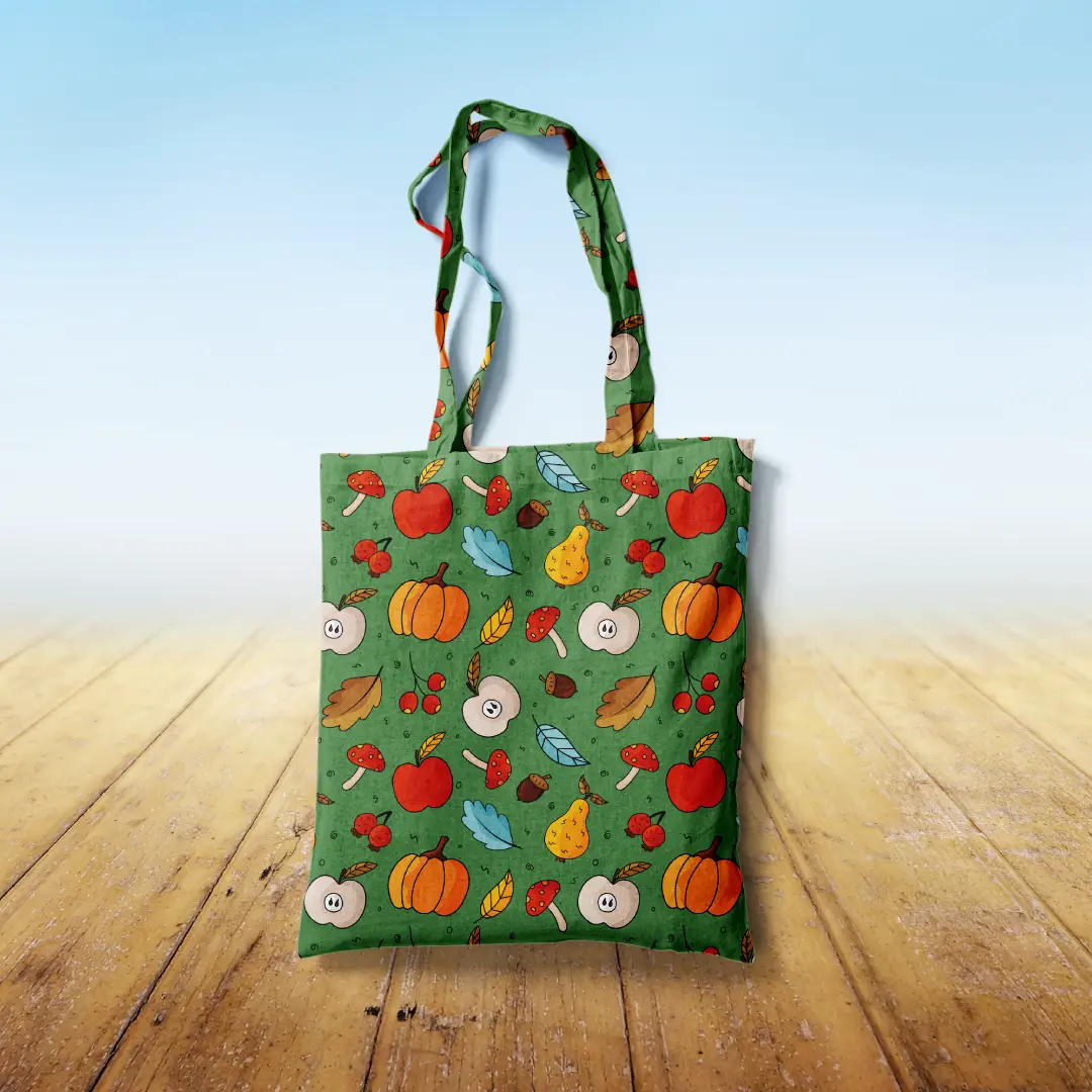 Autumn Fruits Printed Green Canvas Fabric Tote Bag