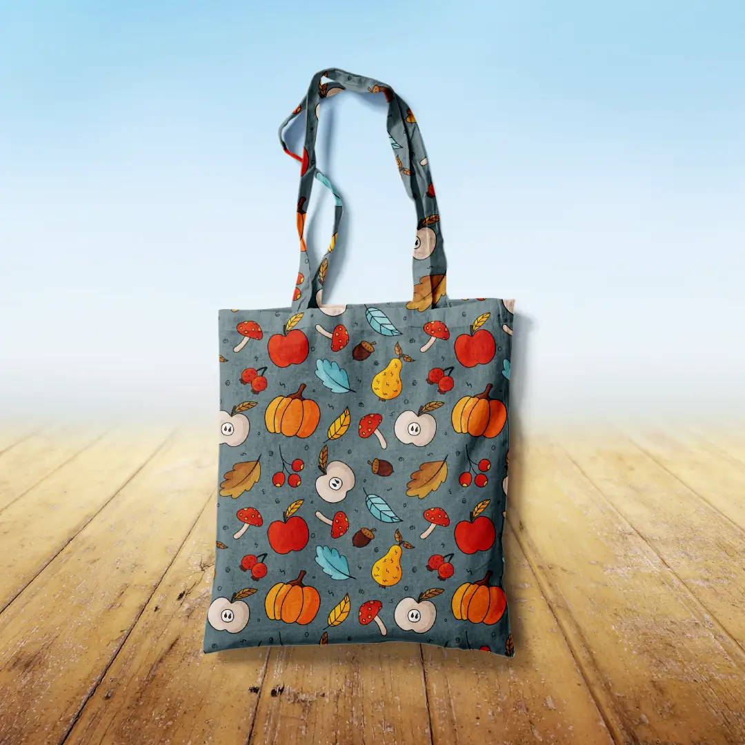 Autumn Fruits Printed Grey Canvas Fabric Tote Bag