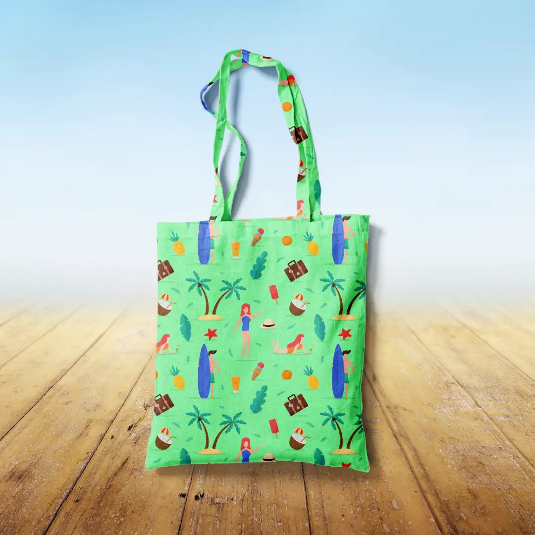 Sunny Beach Printed Mint Canvas Fabric Tote Bag