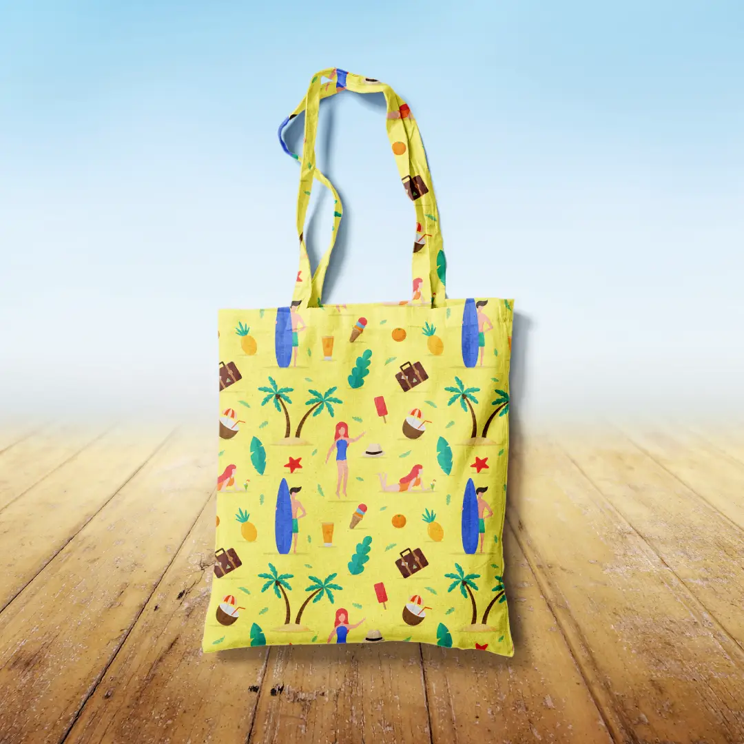 Sunny Beach Printed Yellow Canvas Fabric Tote Bag