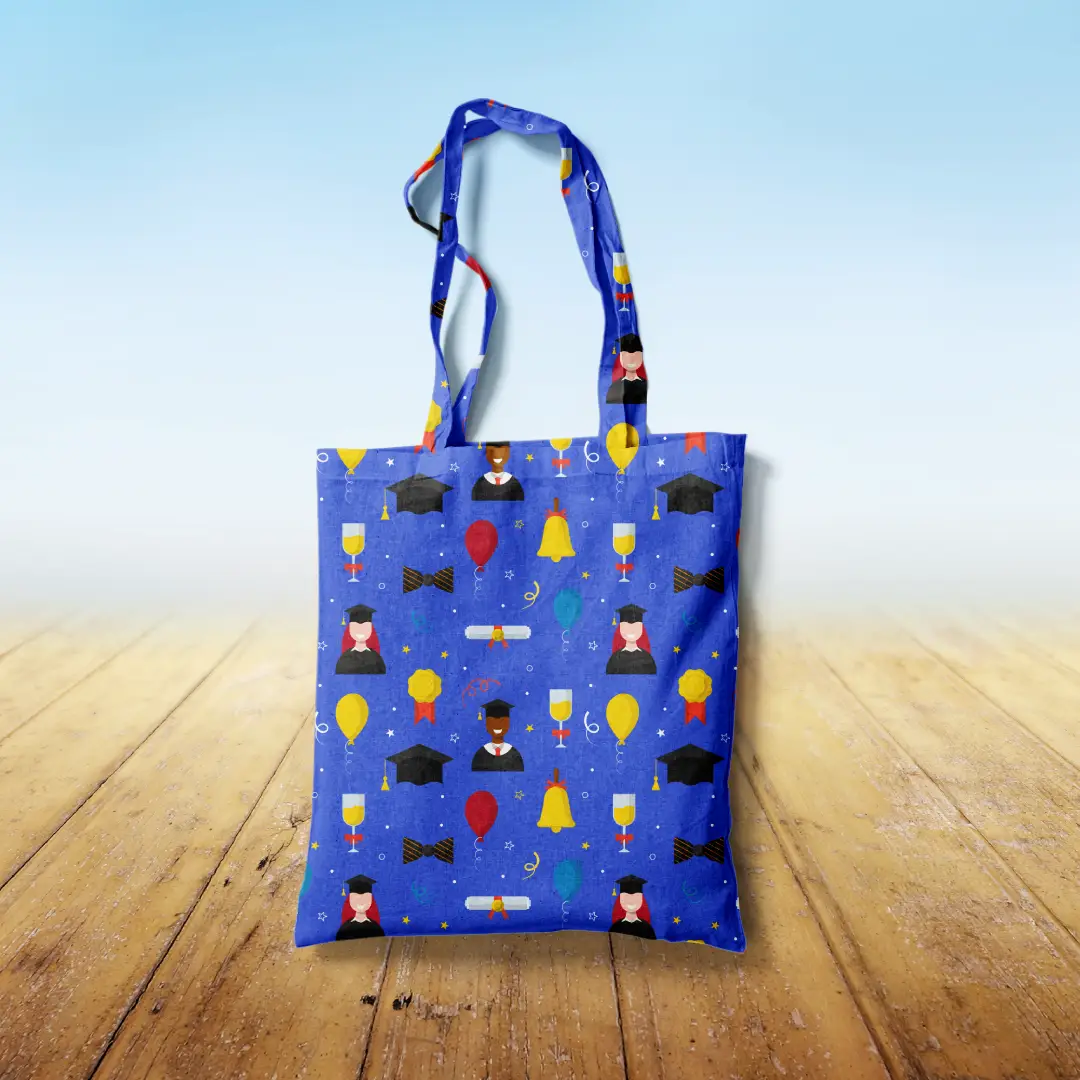 Grad Celebration Day Printed Navy Blue Canvas Fabric Tote Bag