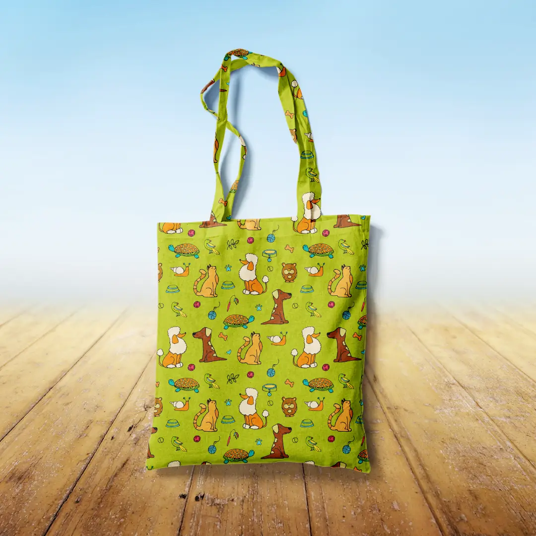 Dogs Printed Green Canvas Fabric Tote Bag
