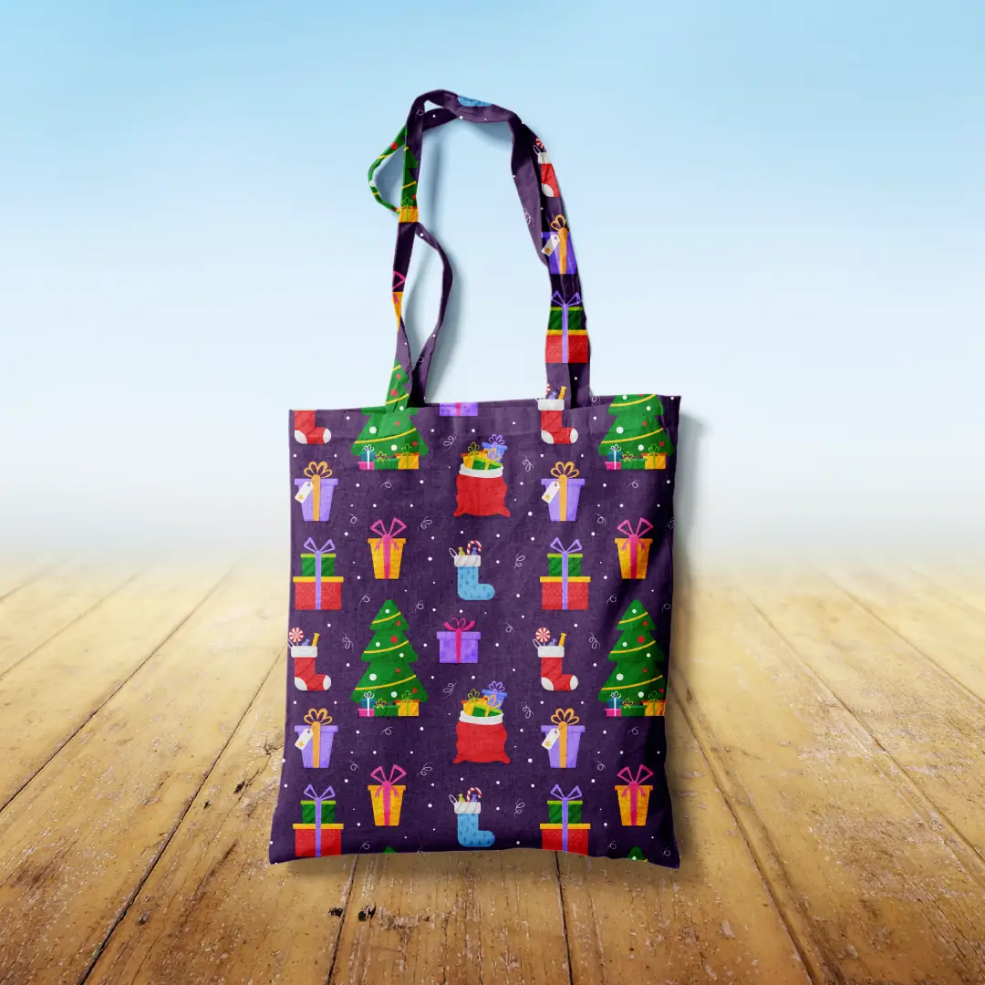 Christmas Goodies Printed Purple Canvas Fabric Tote Bag