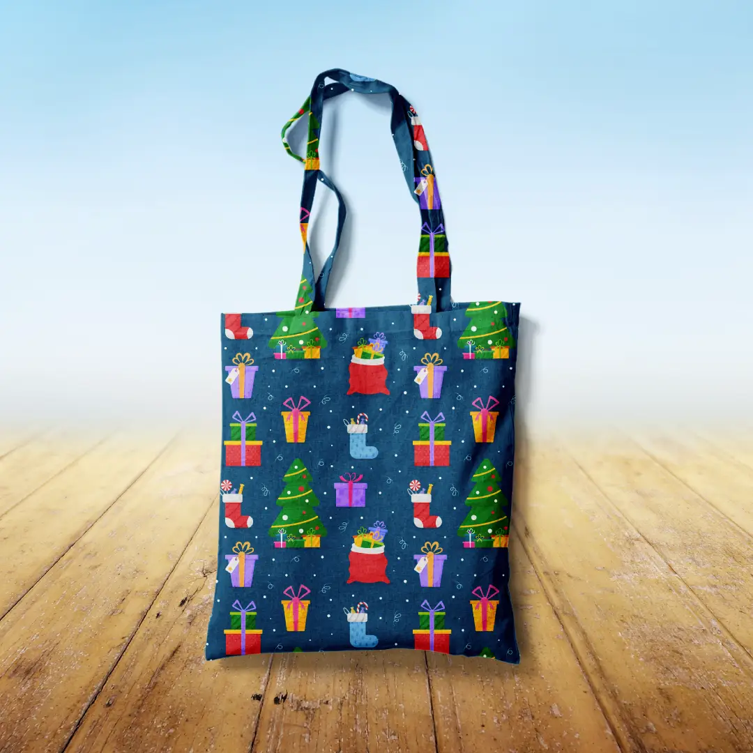 Christmas Goodies Printed Petrol Blue Canvas Fabric Tote Bag