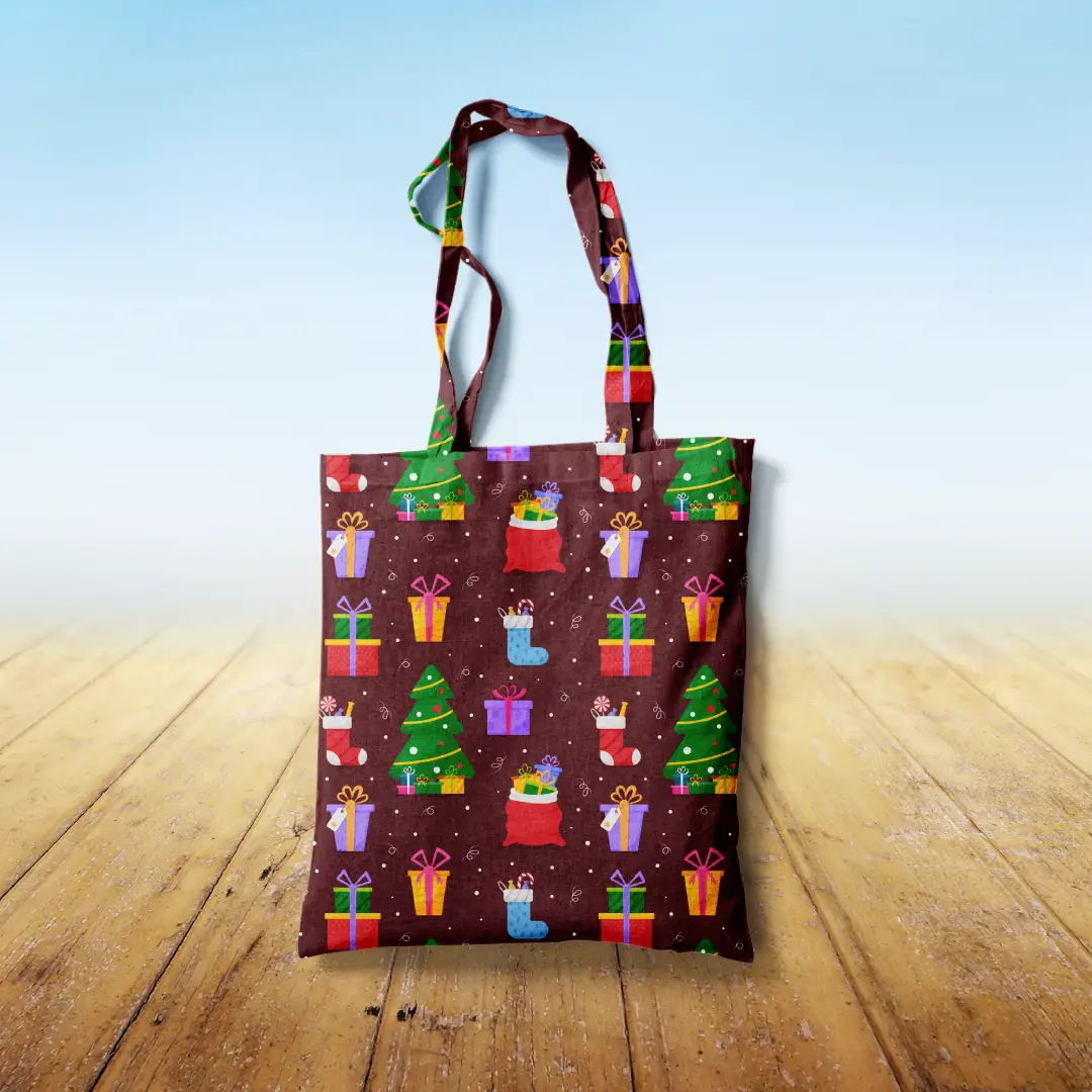 Christmas Goodies Printed Brown Canvas Fabric Tote Bag