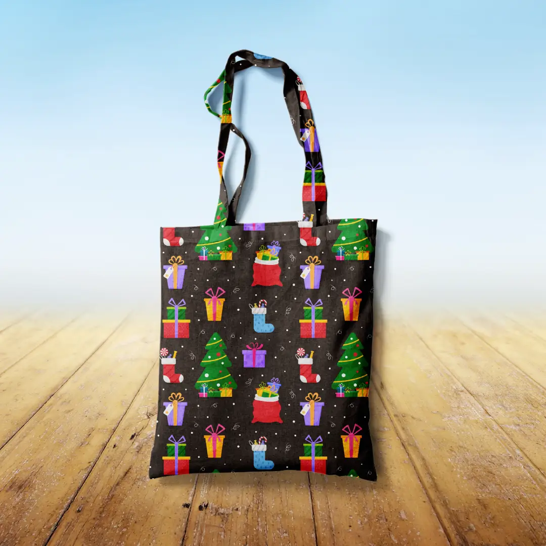 Christmas Goodies Printed Grey Canvas Fabric Tote Bag