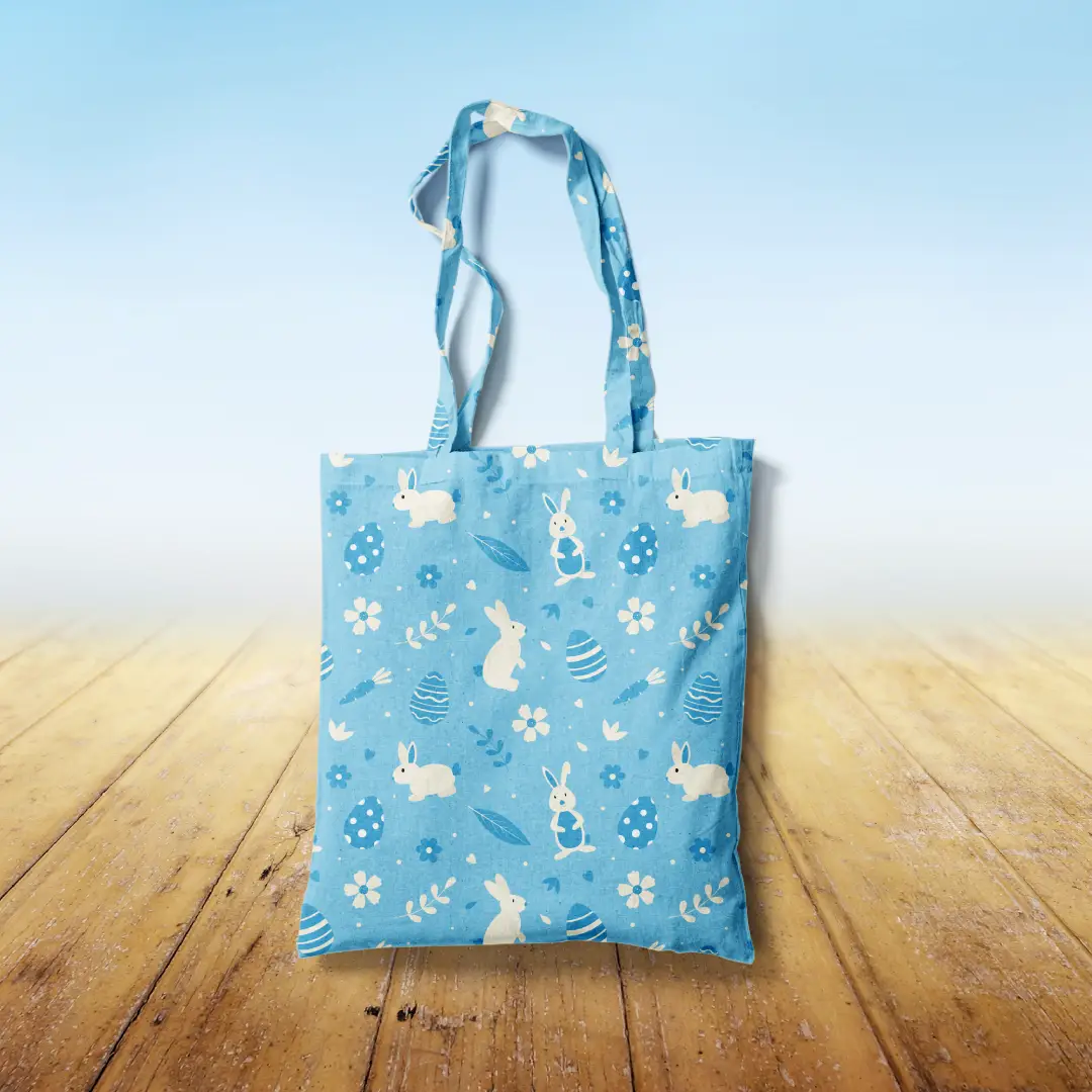 Easter Bunny Printed Sky Blue Canvas Fabric Tote Bag