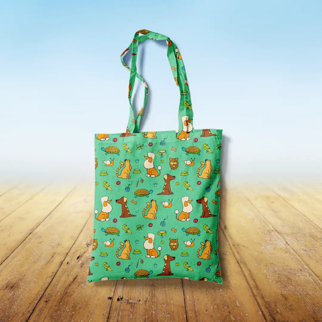 Dogs Printed Mint Canvas Fabric Tote Bag
