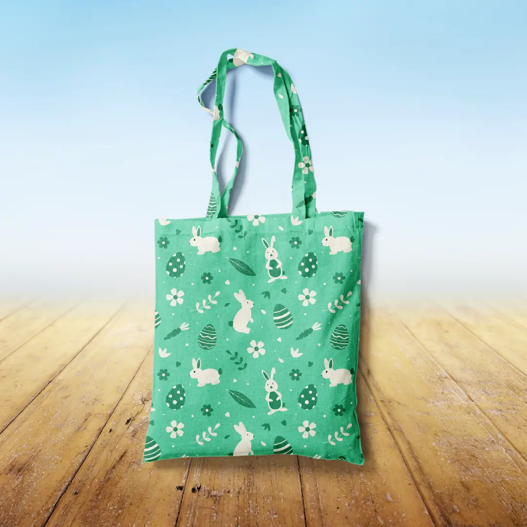 Easter Bunny Printed Green Canvas Fabric Tote Bag