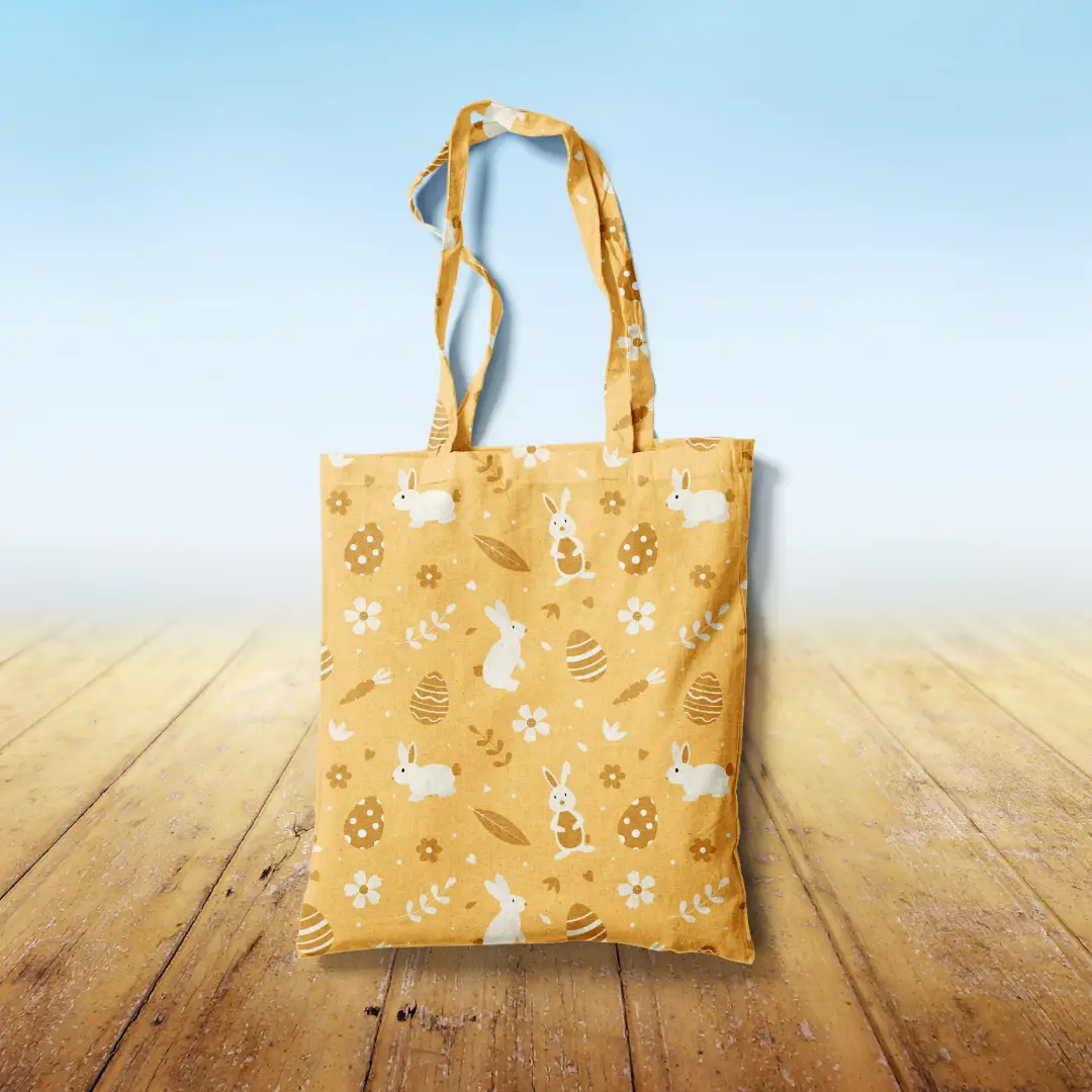 Easter Bunny Printed Yellow Canvas Fabric Tote Bag