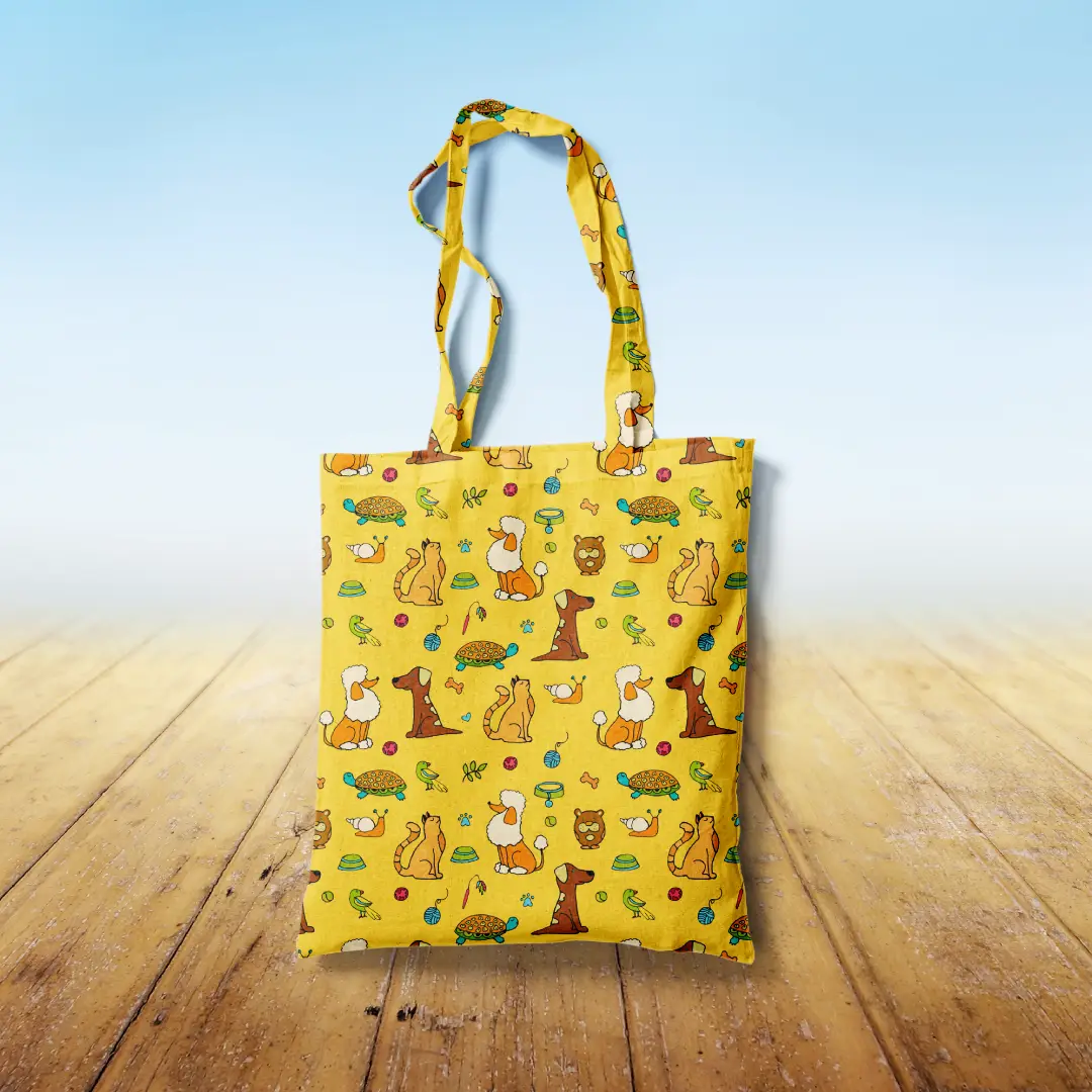 Dogs Printed Yellow Canvas Fabric Tote Bag