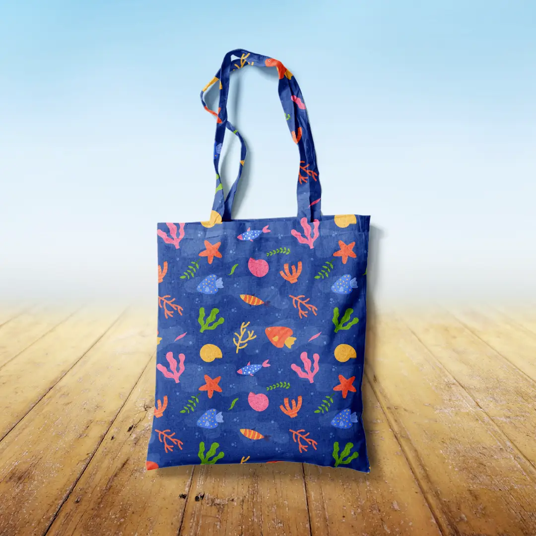 Sea Creatures Purple Canvas Fabric Tote Bag