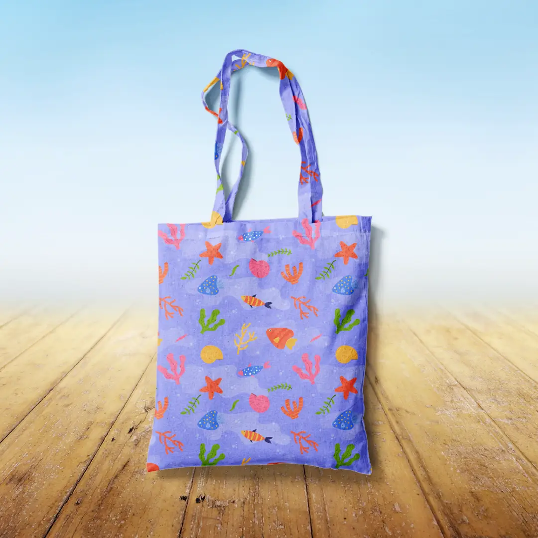 Sea Creatures Lavender Color Canvas Fabric Tote Bag