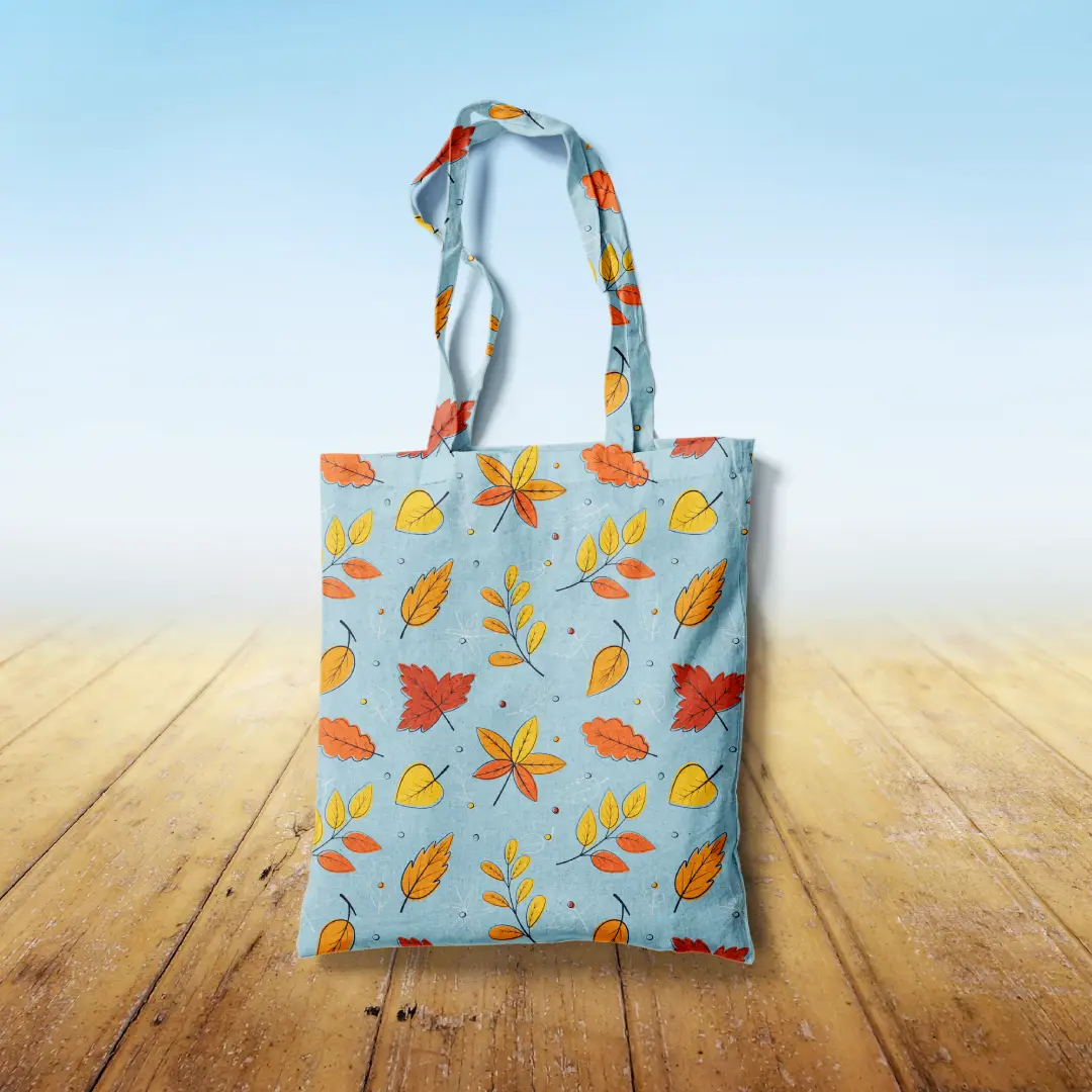 Autumn Leaves Printed Sky Blue Canvas Fabric Tote Bag