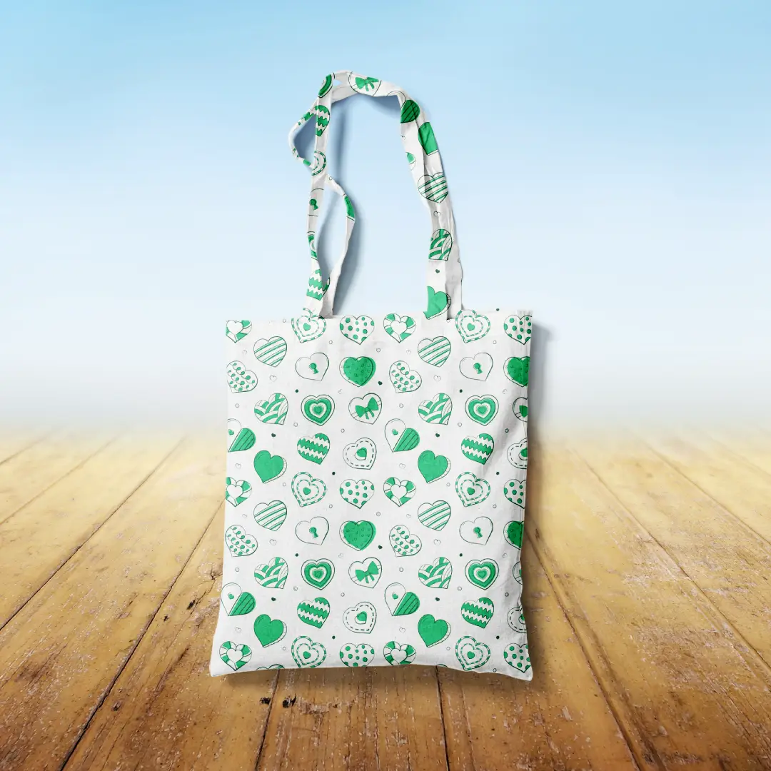 Lovely Green Hearts Printed Canvas Fabric Tote Bag