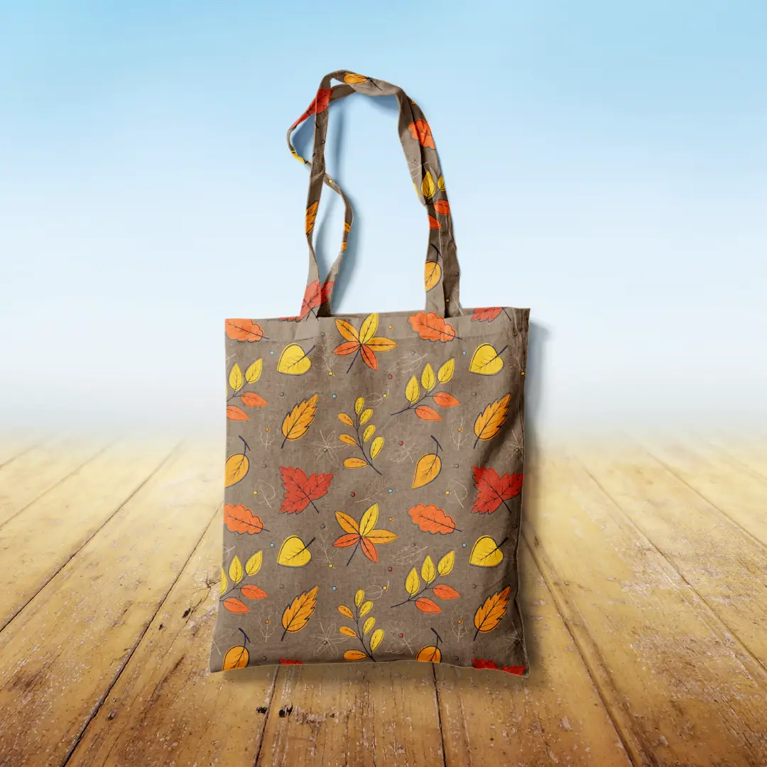 Autumn Leaves Printed Chocolate Color Canvas Fabric Tote Bag