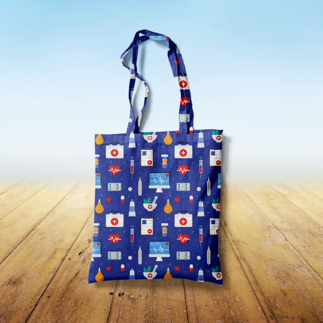 Medicines Printed Navy Blue Canvas Fabric Tote Bag