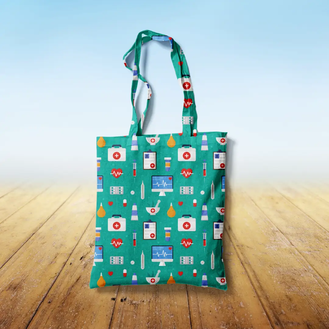 Medicines Printed Teal Color Canvas Fabric Tote Bag