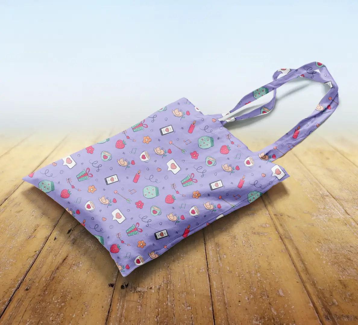 Love Birds Lavender Color Canvas Fabric Tote Bag - Image 2