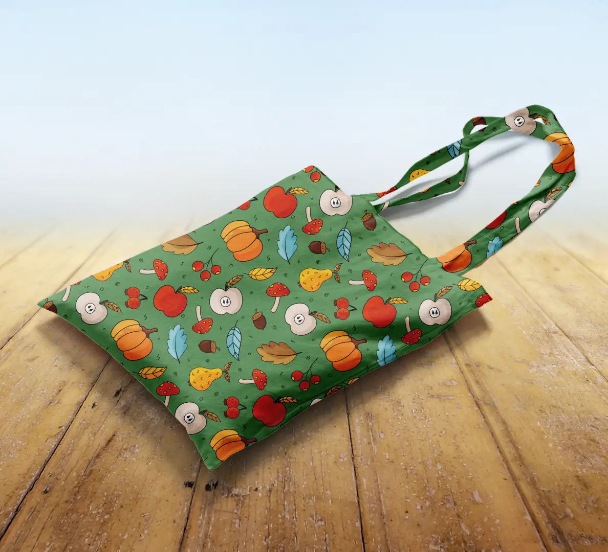 Autumn Fruits Printed Green Canvas Fabric Tote Bag - Image 2