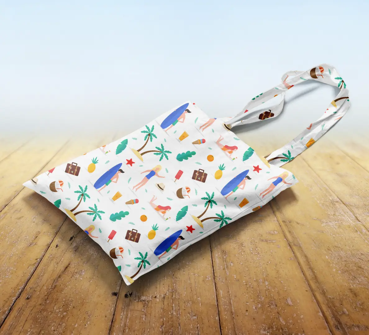 Sunny Beach Printed Canvas Fabric Tote Bag - Image 2