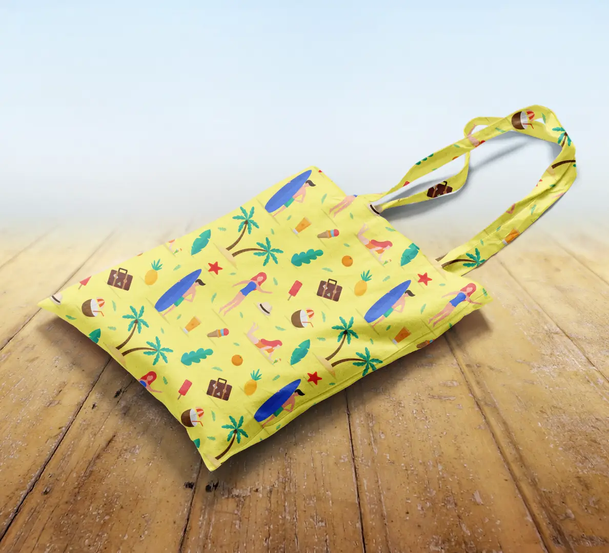Sunny Beach Printed Yellow Canvas Fabric Tote Bag - Image 2
