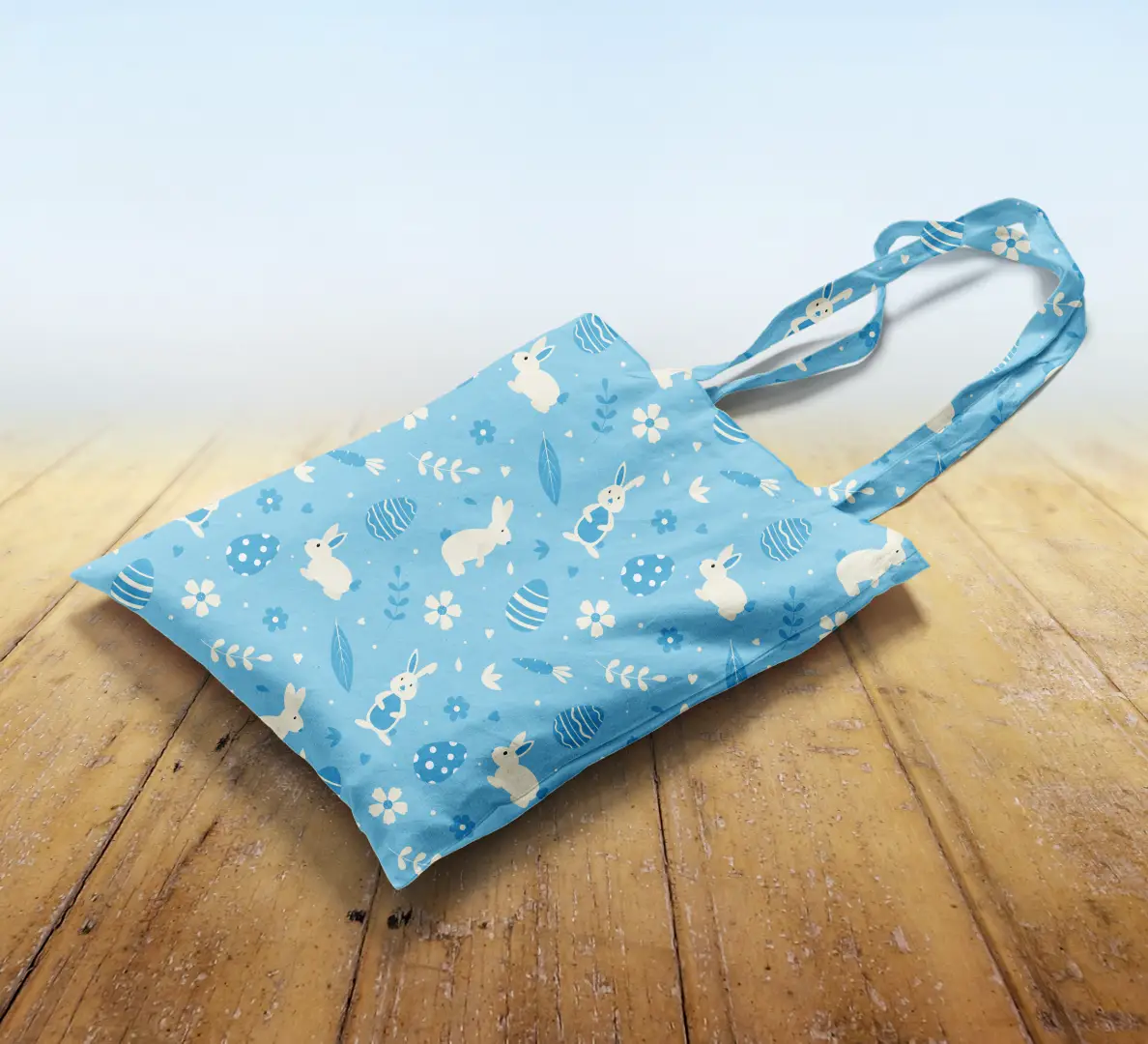 Easter Bunny Printed Sky Blue Canvas Fabric Tote Bag - Image 2