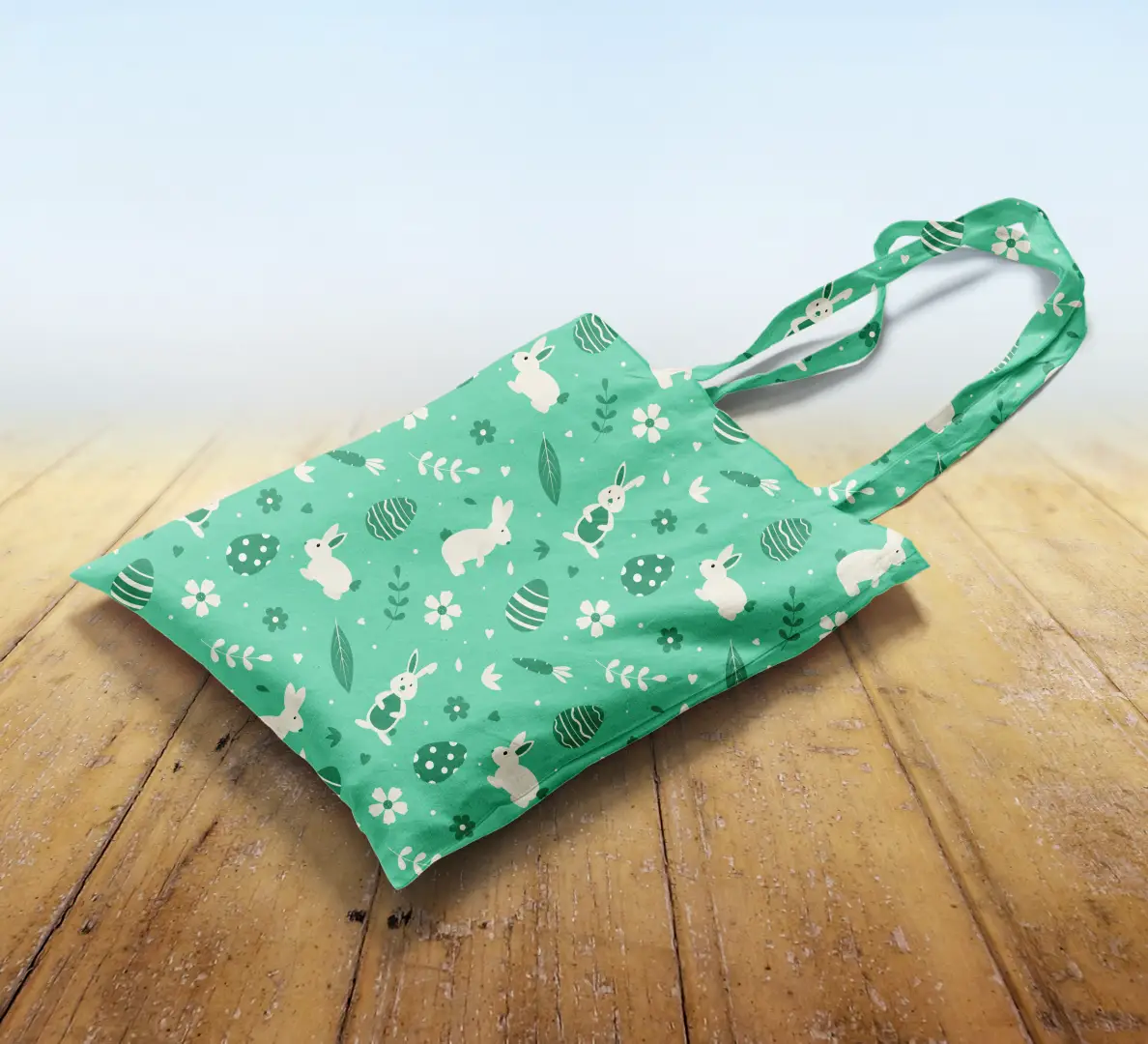 Easter Bunny Printed Green Canvas Fabric Tote Bag - Image 2